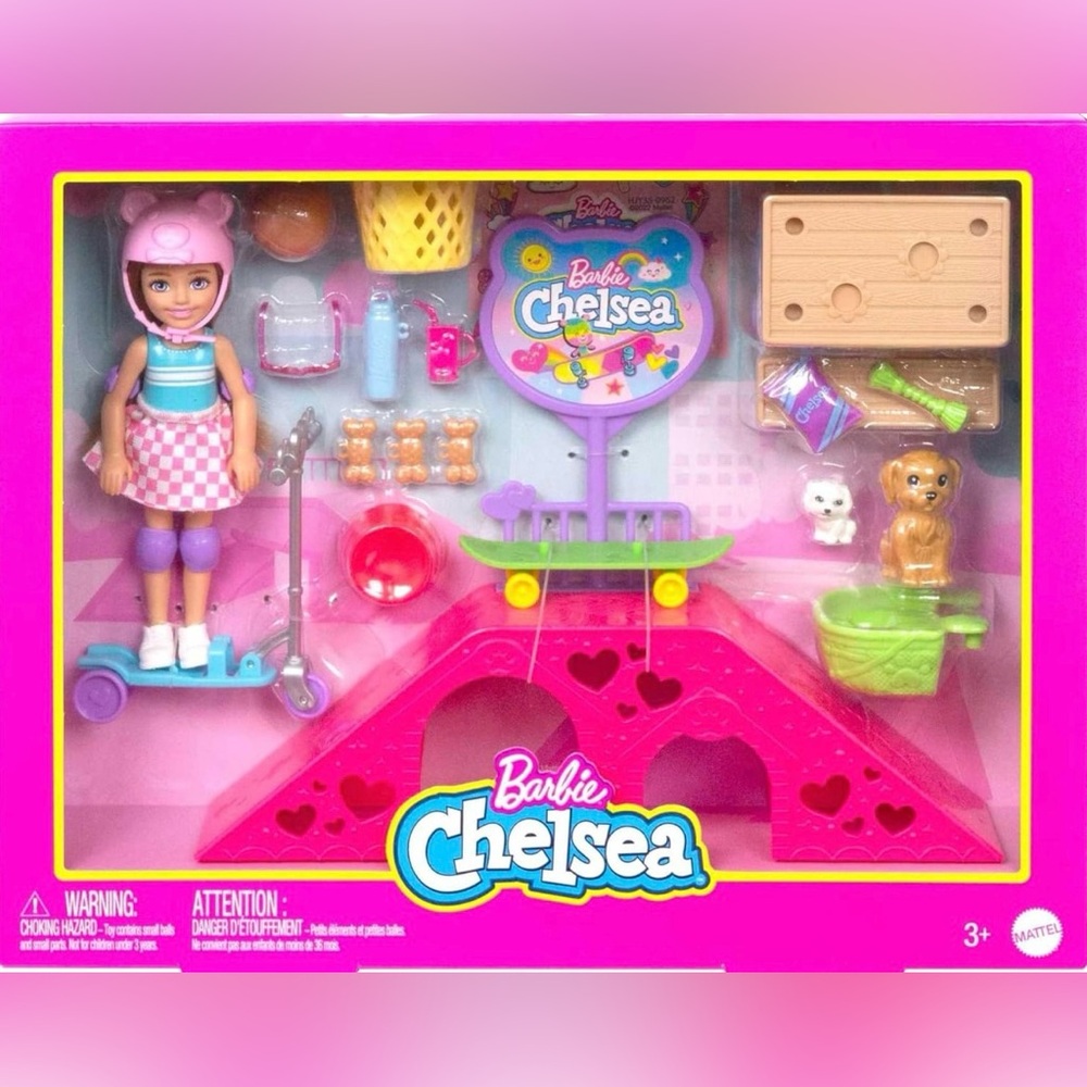 Barbie Pink and Blue Chelsea Doll skate park Playset
